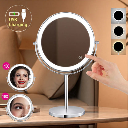 AS-004MM 8" 10X Magnifying LED Makeup Mirror – Double-Sided with 3-Colour Light &amp; USB Charging