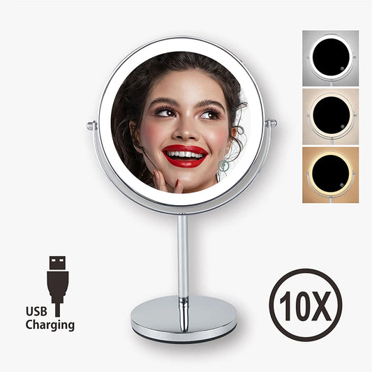 AS-004MM 8" 10X Magnifying LED Makeup Mirror – Double-Sided with 3-Colour Light &amp; USB Charging