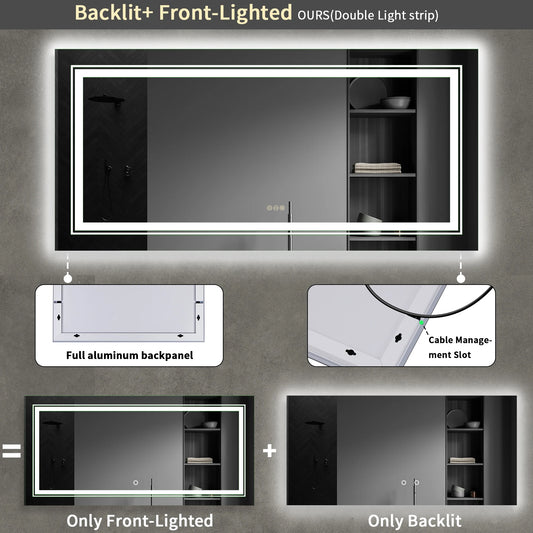 AS-118JM Large Illuminated LED Bathroom Mirror | Front & Backlit, Touch Anti-Fog, Wall Mounted Vanity Mirror