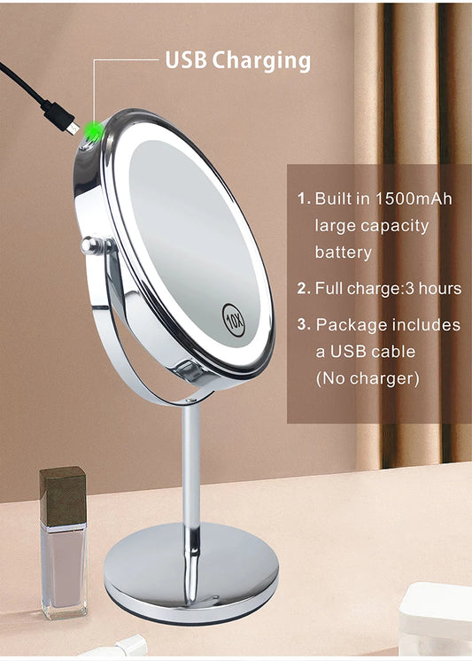 AS-004MM 8" 10X Magnifying LED Makeup Mirror – Double-Sided with 3-Colour Light &amp; USB Charging