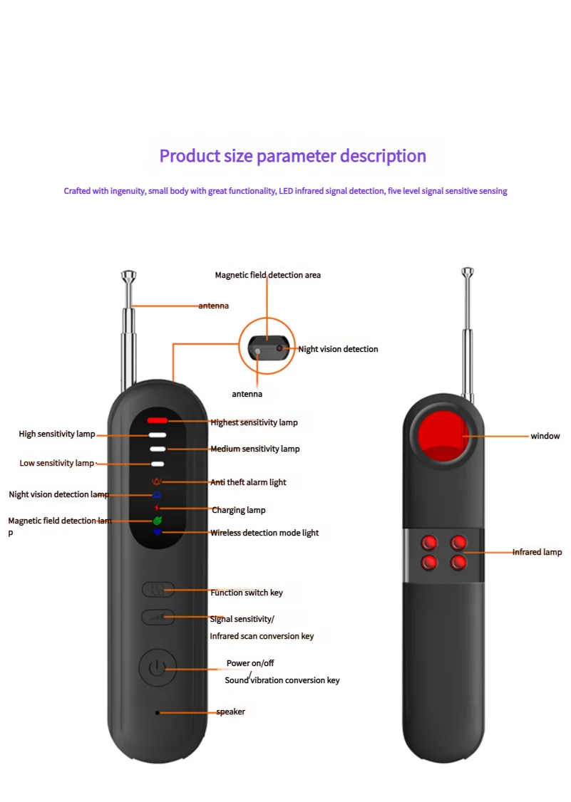 as-215cd anti-spy camera & bug detector. infrared induction, wireless rf signal detection, anti-monitoring & anti-eavesdropping