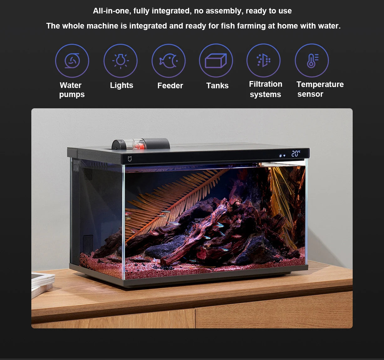 as-100ft smart aquarium – 20l wifi-controlled fish tank with auto feeder & smart led lighting