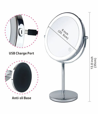 AS-004MM 8" 10X Magnifying LED Makeup Mirror – Double-Sided with 3-Colour Light &amp; USB Charging