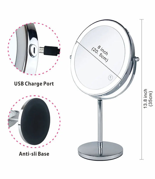 AS-004MM 8" 10X Magnifying LED Makeup Mirror – Double-Sided with 3-Colour Light &amp; USB Charging